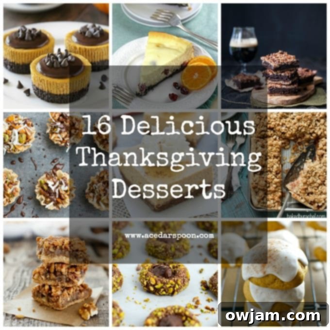 A vibrant display of 16 various Thanksgiving desserts, including pies, cheesecakes, and cookies, arranged artfully on a table.