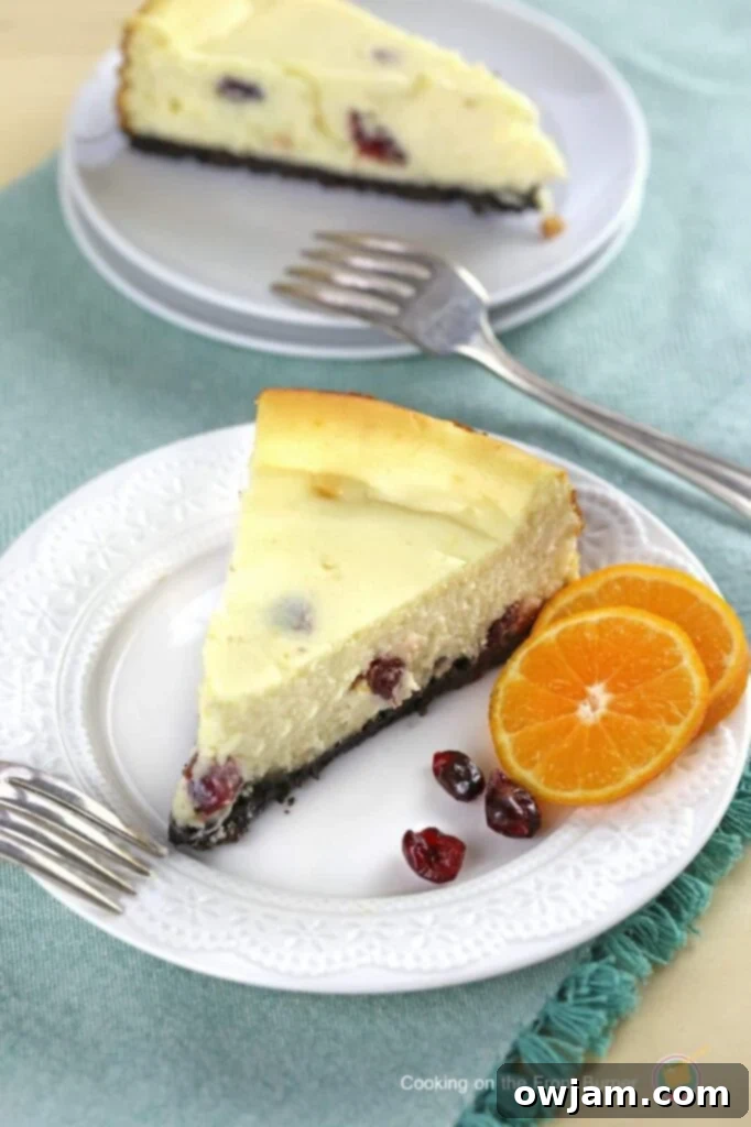 Elegantly presented Orange Cranberry Cheesecake, garnished with fresh cranberries and orange zest.