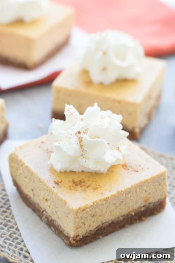 Pumpkin Greek Yogurt Cheesecake Bars, showing layers of crust, pumpkin filling, and a light topping.