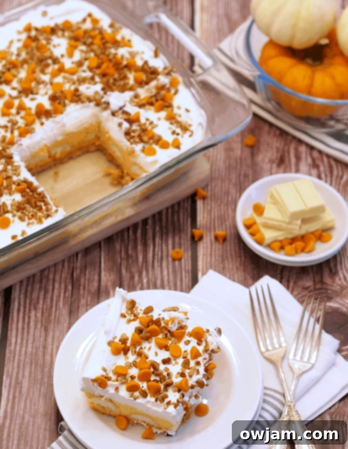 Layers of creamy pumpkin pie dessert lasagna, topped with whipped cream and a sprinkle of spice.