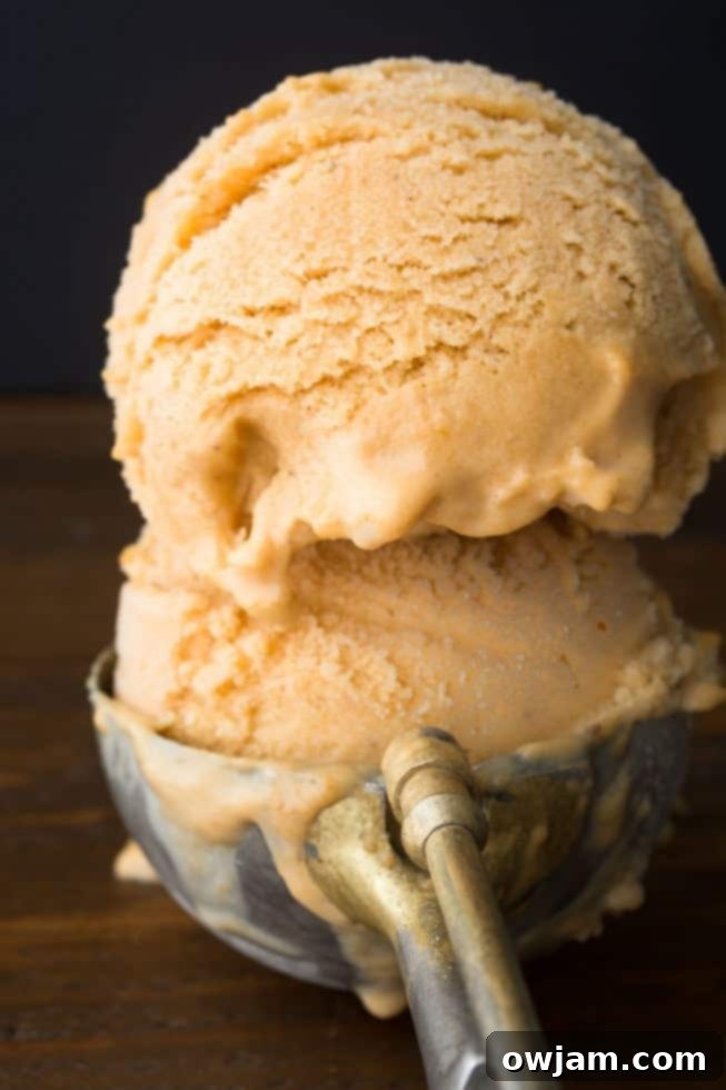 Scoops of creamy Pumpkin Pie Ice Cream, garnished with spices, in a glass bowl.