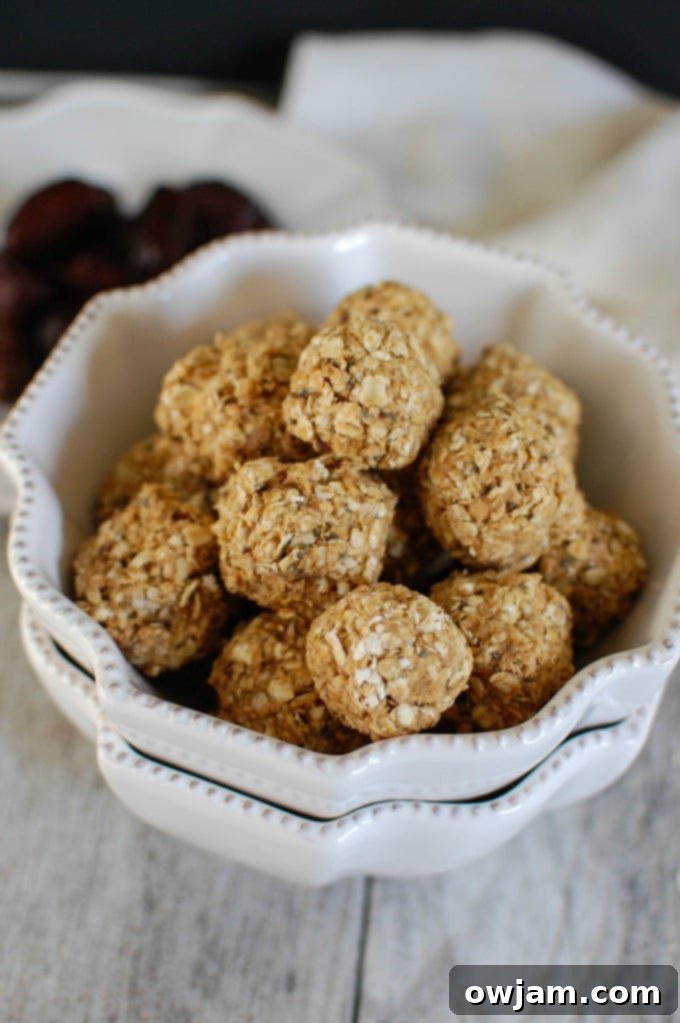 No-Bake Peanut Butter Oat Energy Bites 5 Another view of Peanut Butter Oatmeal No Bake Bites, highlighting their appealing golden-brown color and inviting texture.
