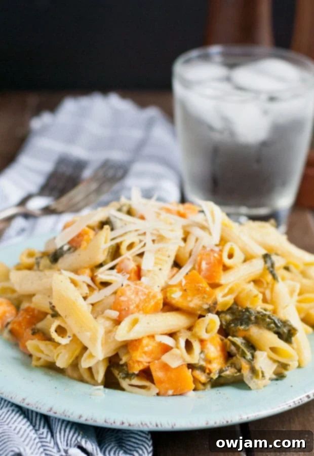 One Pot Creamy Sweet Potato Kale Leek Pasta