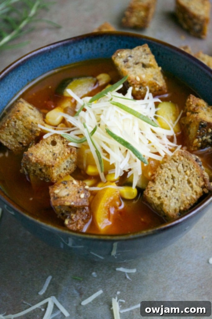 Rosemary Vegetable Soup with Parmesan Croutons