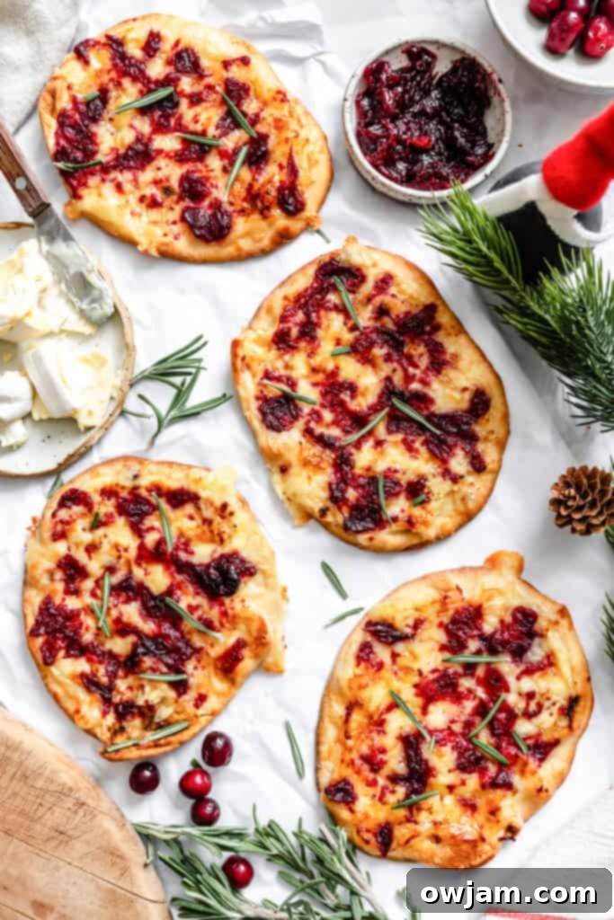 Warm Brie Cranberry Naan Bread on a white surface 
