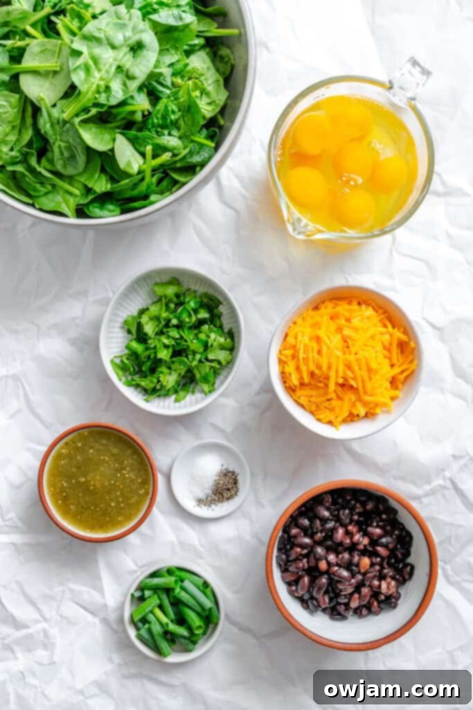 Cheesy Black Bean Egg Bake recipe ingredients laid out
