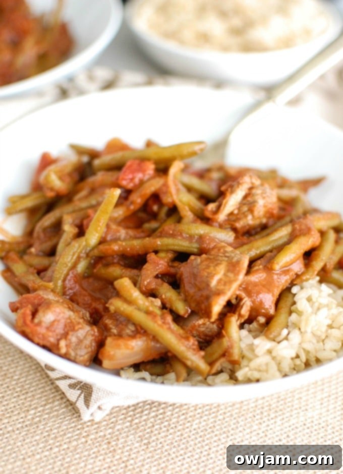 Hearty Lebanese Beef and Green Beans 4 Lebanese Beef and Green Beans served with a spoon, highlighting the rich sauce and tender ingredients.