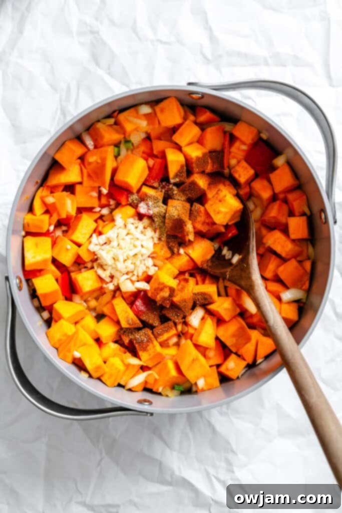 Sweet Potato Chili sweet potatoes and spices in pot