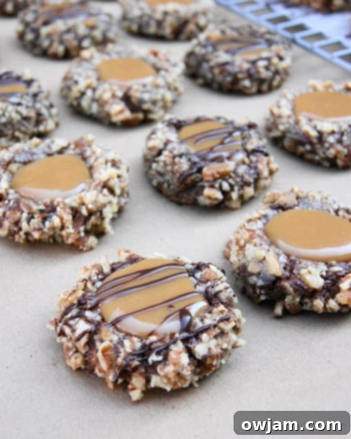 Decadent Turtle Cookies with caramel, pecans, and chocolate.