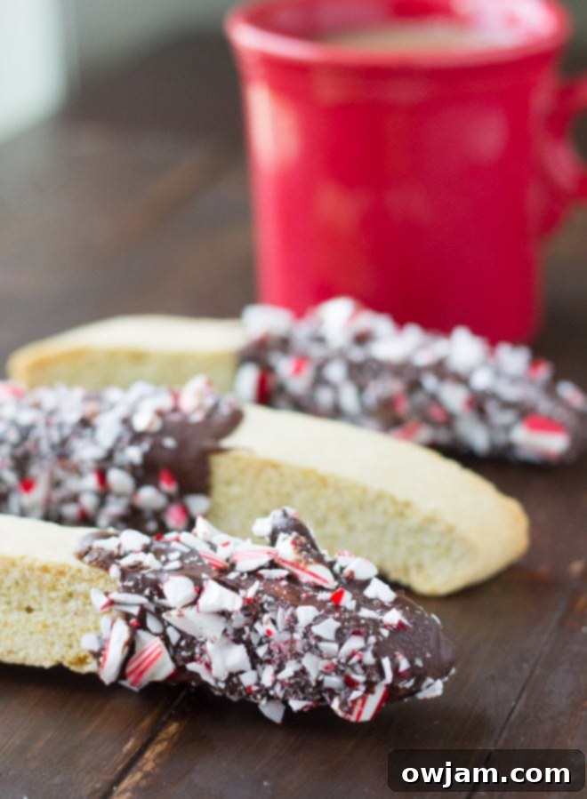 Crunchy Peppermint Biscotti, ideal for coffee or hot chocolate dipping.
