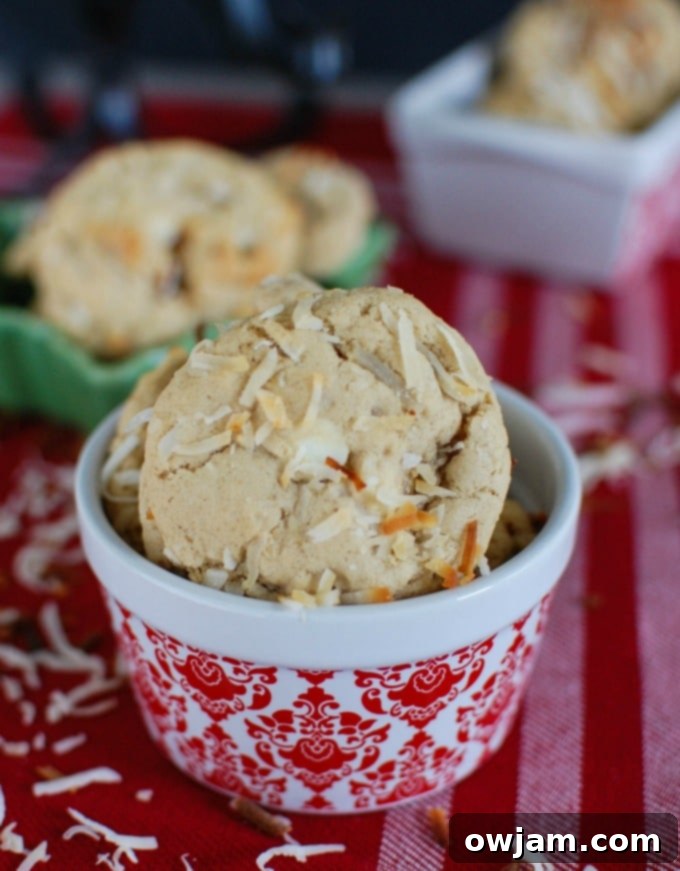Delicious White Chocolate Toasted Coconut Cookies, perfect for holiday gatherings.