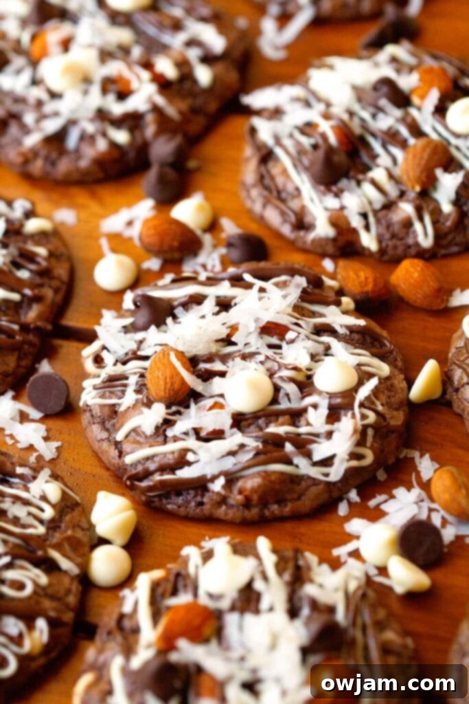 Homemade Almond Joy Cookies with coconut, almonds, and chocolate.
