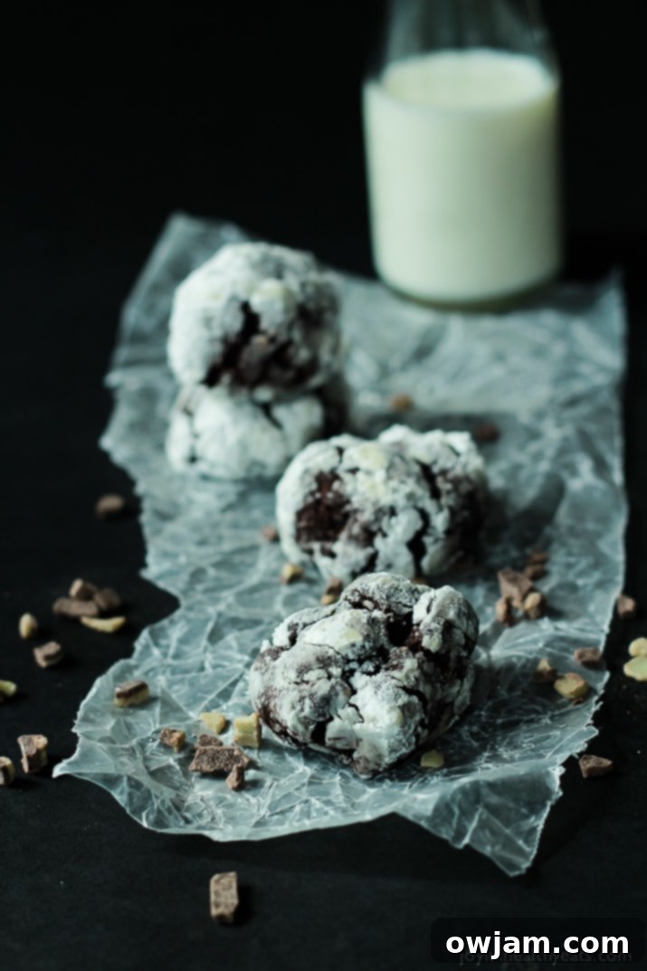 Rich Mint Dark Chocolate Crackle Cookies with a festive powdered sugar coating.
