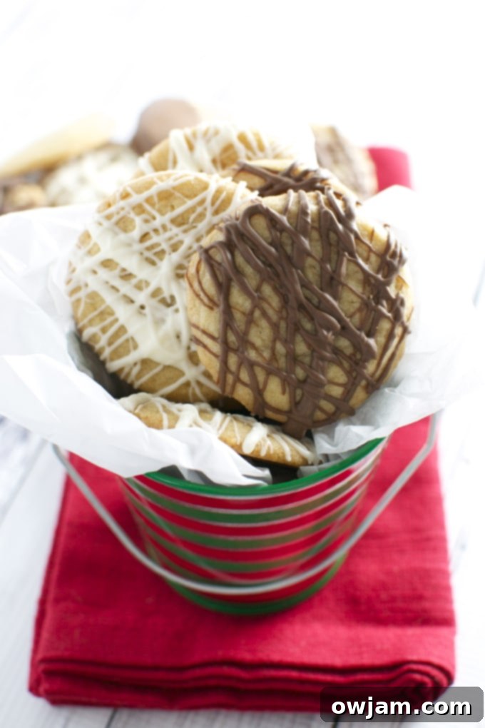 Elegant Mini Chocolate Drizzle Cookies, ideal for holiday gifting.
