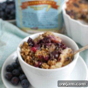 Individual serving of Baked Blueberry Banana Steel Cut Oatmeal, a perfect healthy breakfast option