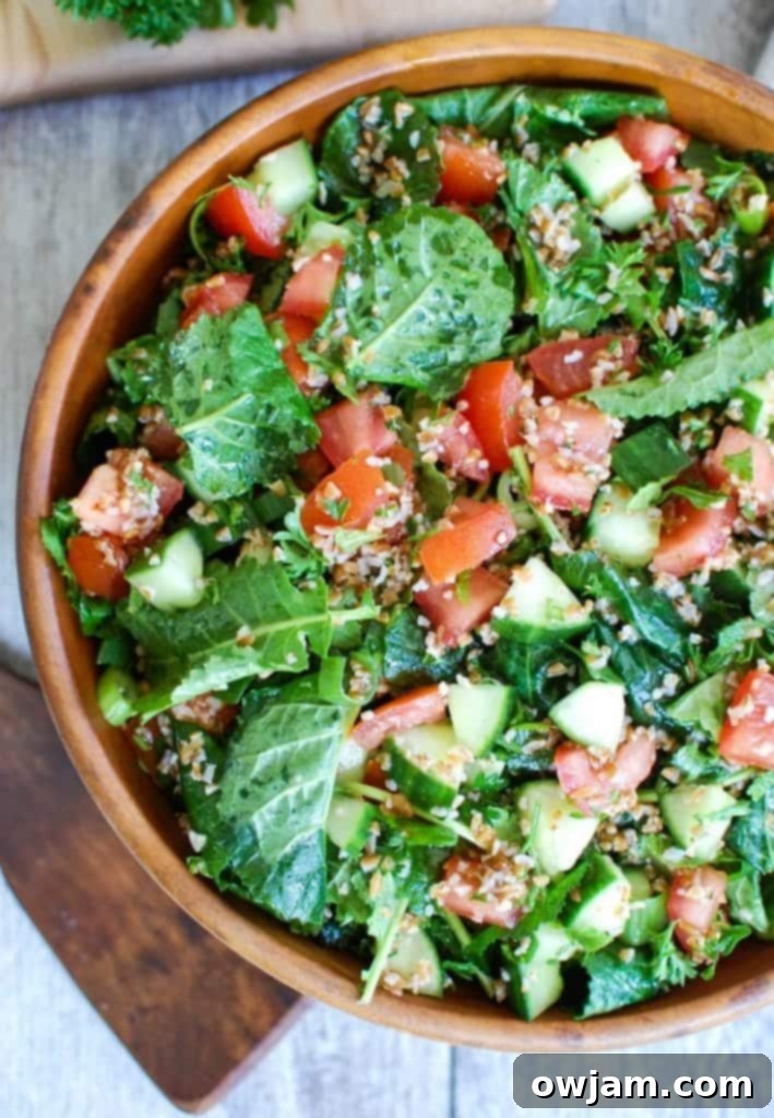 Vibrant Kale Cucumber Tabbouleh 2 Kale Cucumber Tabbouleh in wood bowl