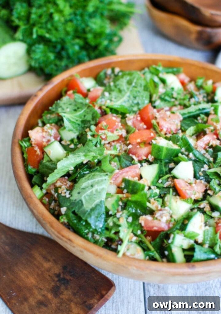 Vibrant Kale Cucumber Tabbouleh 3 Kale Cucumber Tabbouleh with wooden spoon