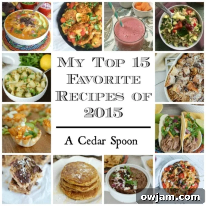 A collage of various delicious recipes including roasted potatoes, french toast, cookie bars, smoothies, and pancakes, representing the top 15 favorite dishes of 2015.