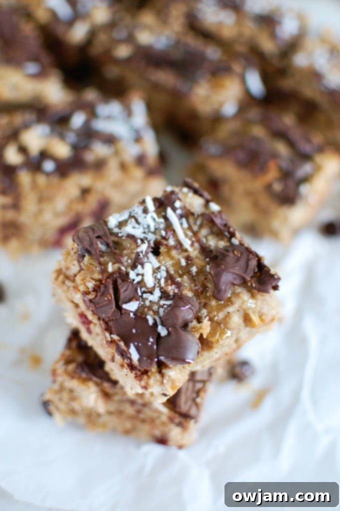 Chewy Cranberry Coconut Oatmeal Cookie Bars with chocolate chips, perfect for a sweet treat.