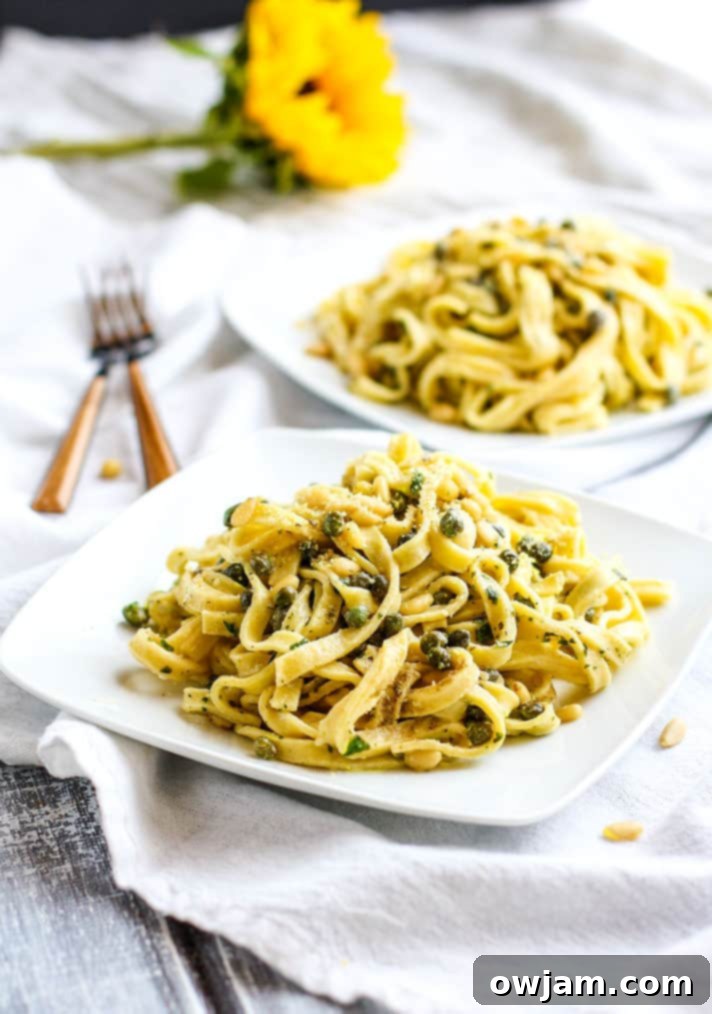 Healthy Fettuccine Pasta with Capers, Pine Nuts and Yogurt