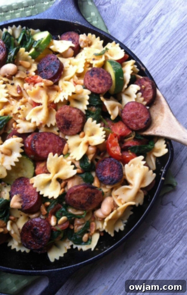 Smoked Sausage, White Bean and Spinach Pasta with Toasted Pine Nuts