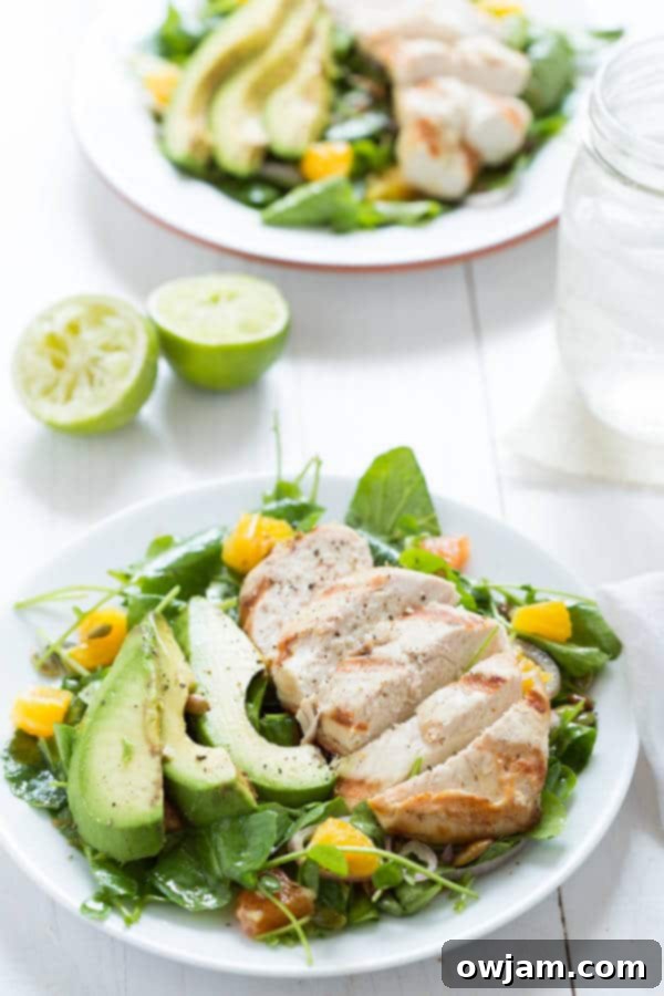 Grilled Tequila Chicken Salad with Orange, Avocado and Pepita Salad