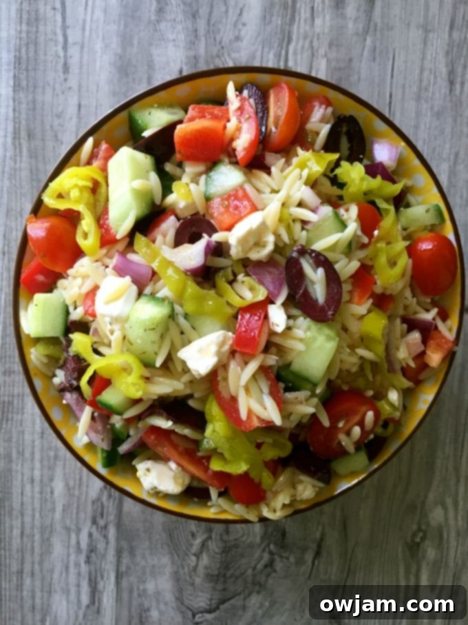 A classic Greek orzo pasta salad, prepared with orzo, Kalamata olives, crumbled feta cheese, cherry tomatoes, and cucumber, all lightly drizzled with olive oil.