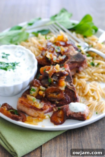 Perfectly grilled lamb chops served alongside tender orzo pasta, a vibrant apricot chutney, and a cooling herbed yogurt sauce, creating a gourmet meal.