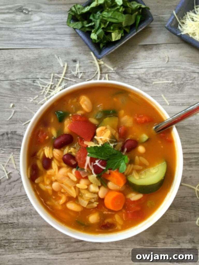 A warm bowl of 30-minute orzo minestrone soup, rich with tender vegetables and small pasta, artfully garnished with fresh herbs for a delightful finish.