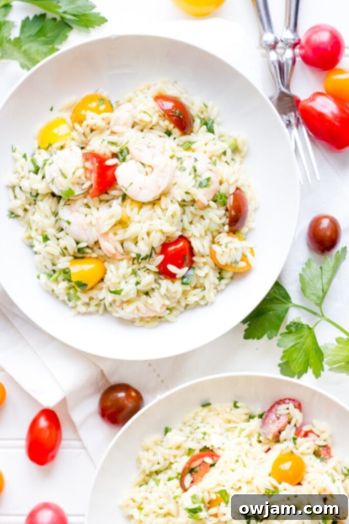 A bright dish of lemon orzo, accompanied by perfectly sautéed shrimp and juicy cherry tomatoes, all garnished with fresh, vibrant parsley.