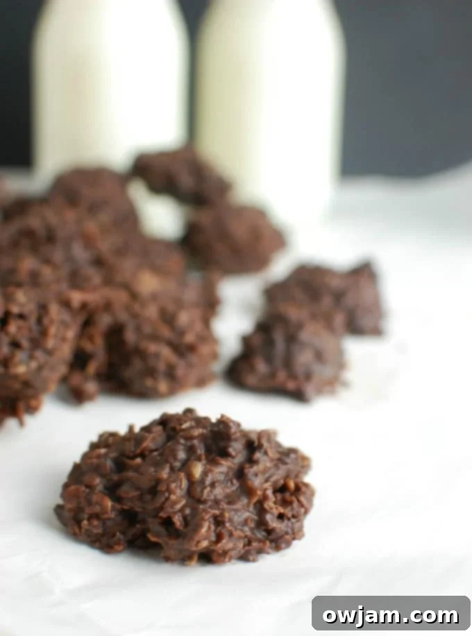 Effortless No-Bake Cookies 2 No Bake Cookie Recipe on white surface with milk