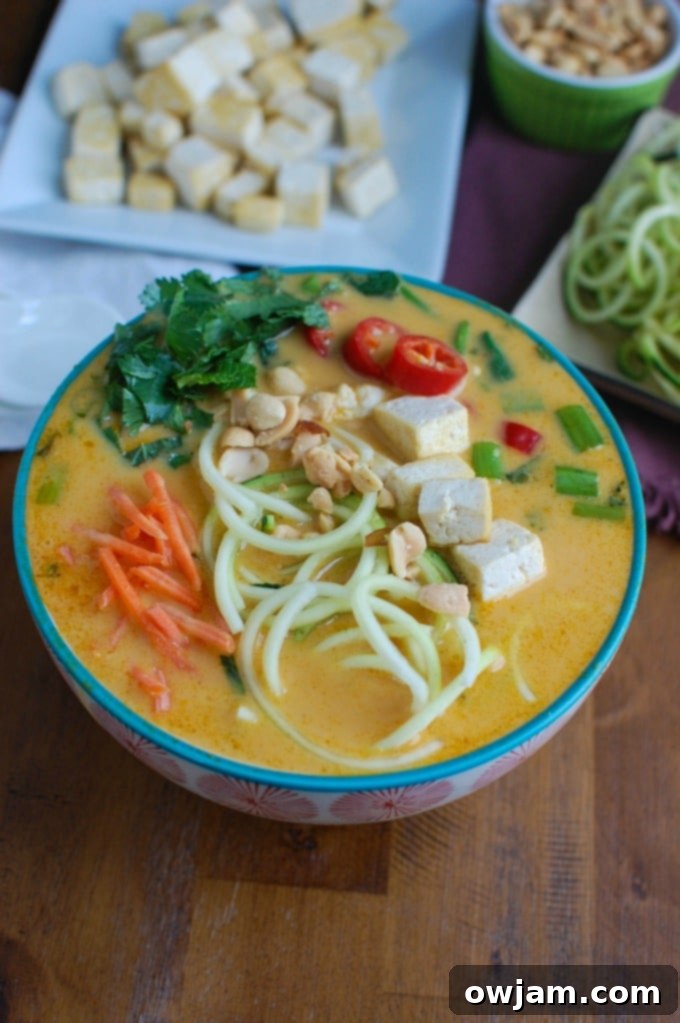 Creamy Coconut Zoodle Soup 4 Close-up of Thai Coconut Zoodle Soup with perfectly browned crispy tofu