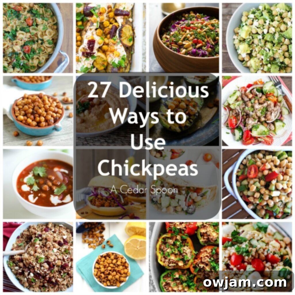 A collage of various delicious chickpea recipes including pasta, salads, and roasted chickpeas, showcasing their versatility.