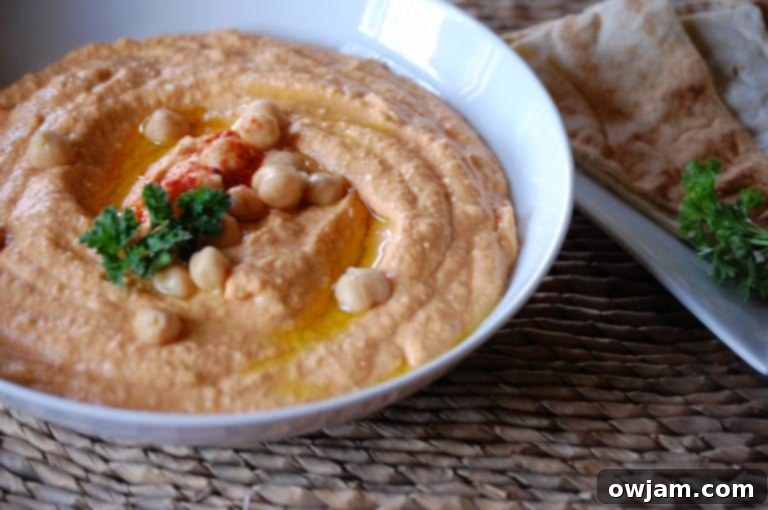 Roasted Red Pepper Hummus, a classic chickpea dip
