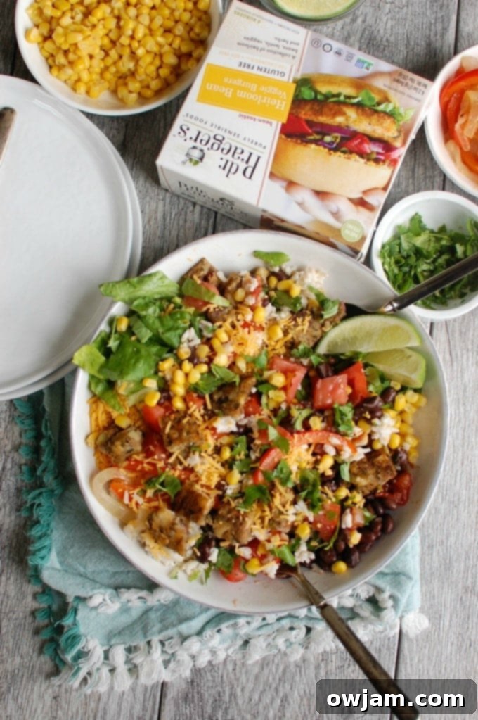 Burrito Bowls with Heirloom Bean Veggie Burgers - vegetarian lunch