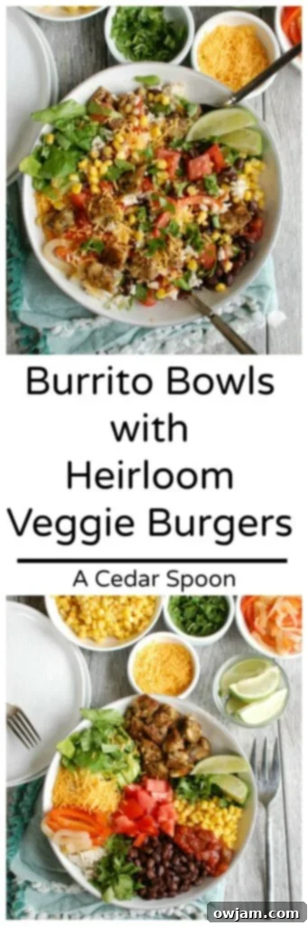 Burrito Bowls with Heirloom Bean Veggie Burgers - my favorite
