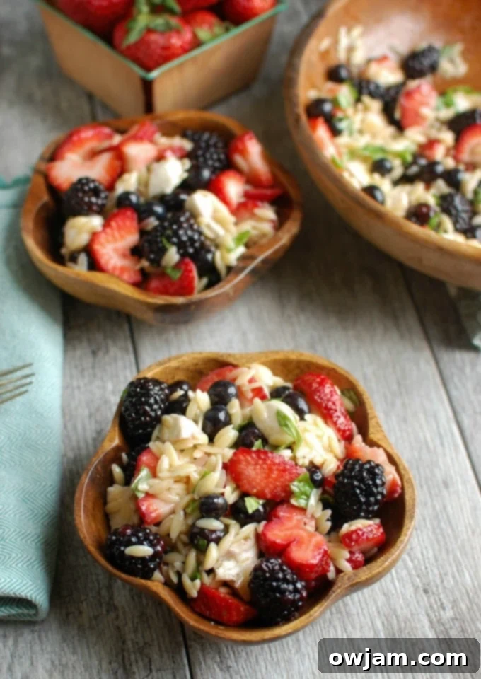 Mixed Berry Caprese Orzo Salad, a perfect dish for summer entertaining and healthy eating