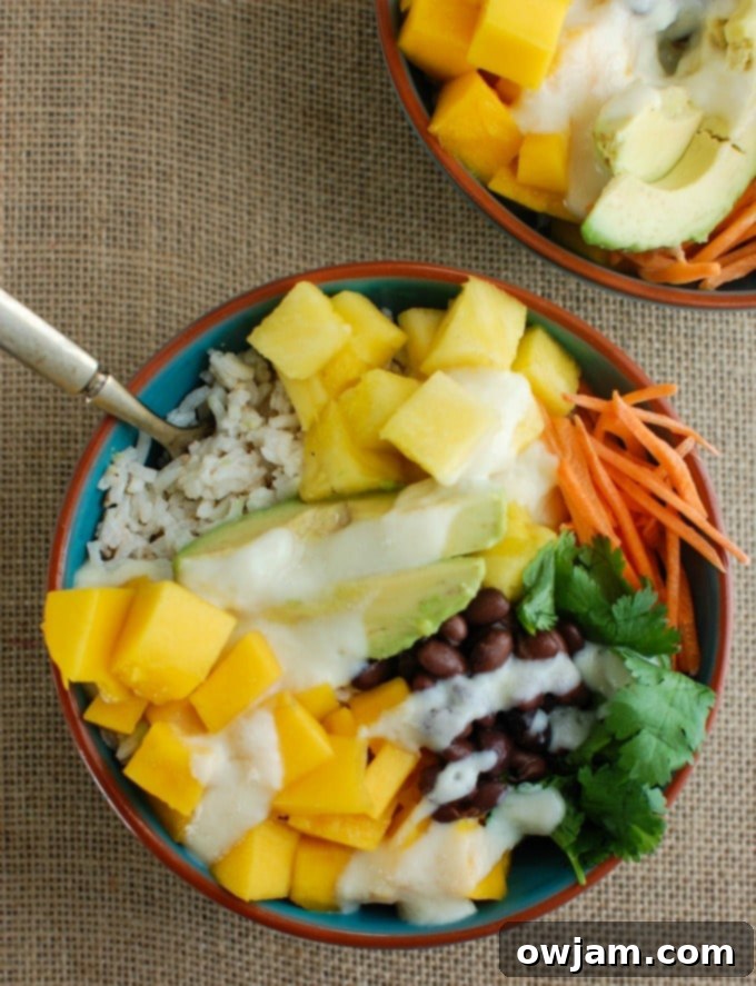 Tropical Coconut Rice Bowl in a blue bowl