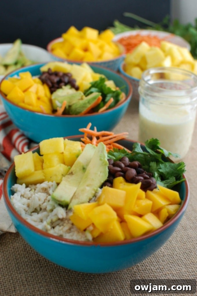 Tropical Coconut Rice Bowl with dressing.