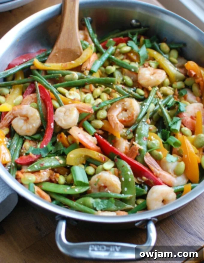 Vibrant Asian Shrimp Edamame Stir-Fry 3 A colorful plate of Asian Shrimp Edamame Stir-Fry, highlighting fresh vegetables and shrimp.