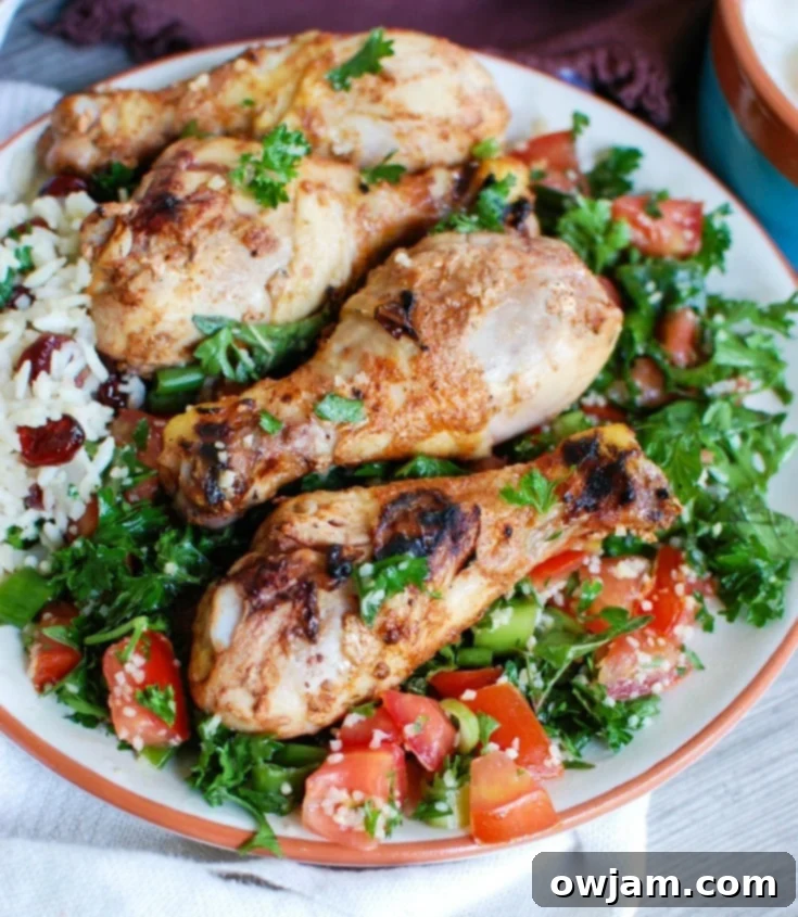 Vibrant Mediterranean Chicken with Basmati Rice 2 Grilled Mediterranean Chicken Drumsticks with Basmati Rice and Fresh Tabbouleh