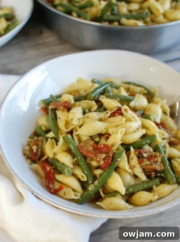 Pesto Pasta with Green Beans, Sun-dried Tomatoes and Toasted Pine Nuts in a bowl, a close-up of the delicious and easy vegetarian meal.