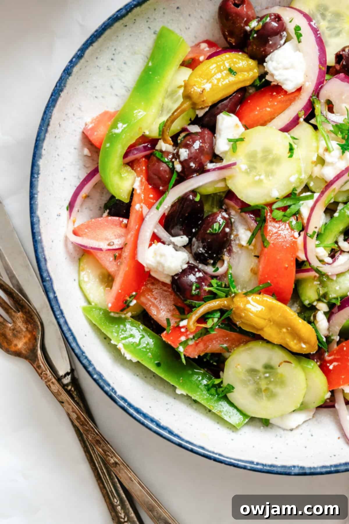 Rustic Greek Salad 5 Close up shot of Greek Village Salad in a bowl, highlighting the fresh ingredients