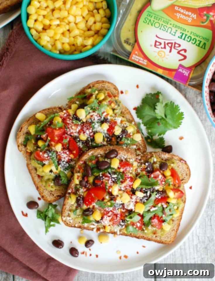 Spicy Southwest Avocado Toast 5 Overhead shot of a full plate of Southwestern Avocado Toast, showcasing its colorful and appealing presentation.