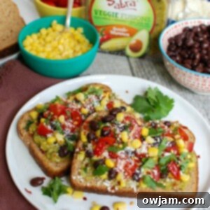 Spicy Southwest Avocado Toast 6 Southwestern Avocado Toast with the main ingredients displayed around it.