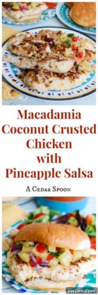 Tropical Macadamia Coconut Crusted Chicken with Pineapple Salsa 6 Macadamia Coconut Crusted Chicken with Pineapple Salsa is light, fresh and delicious. My favorite meal for a tropical twist!