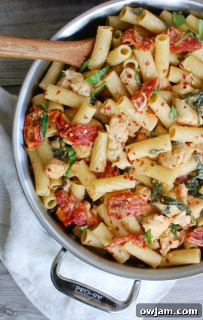 Tuscan Chicken Mozzarella Pasta 3 Mozzarella Chicken Pasta with Sun-dried Tomatoes is an easy and delicious meal! We love this one.
