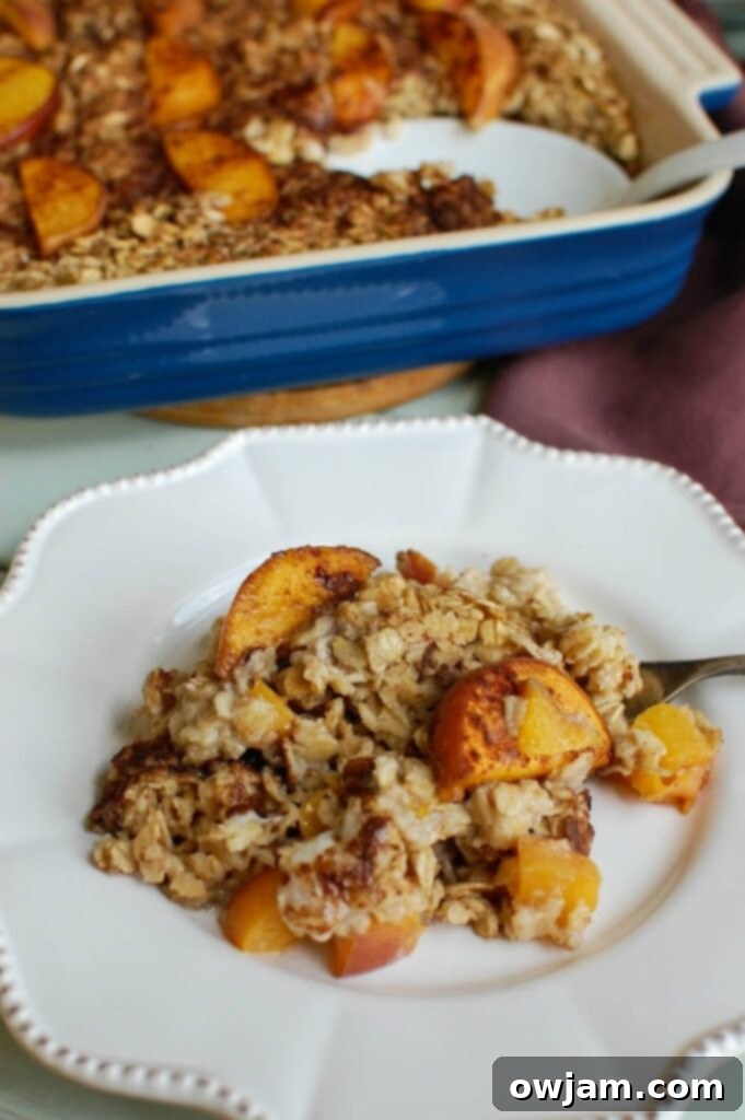 Golden Peach Morning Bliss 3 Peaches and Cream Baked Oatmeal is a healthy start to the day. This makes a great snack too!