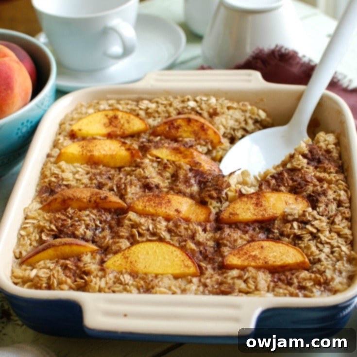 Golden Peach Morning Bliss 4 Peaches and Cream Baked Oatmeal is a healthy start to the day. This makes a great snack too!