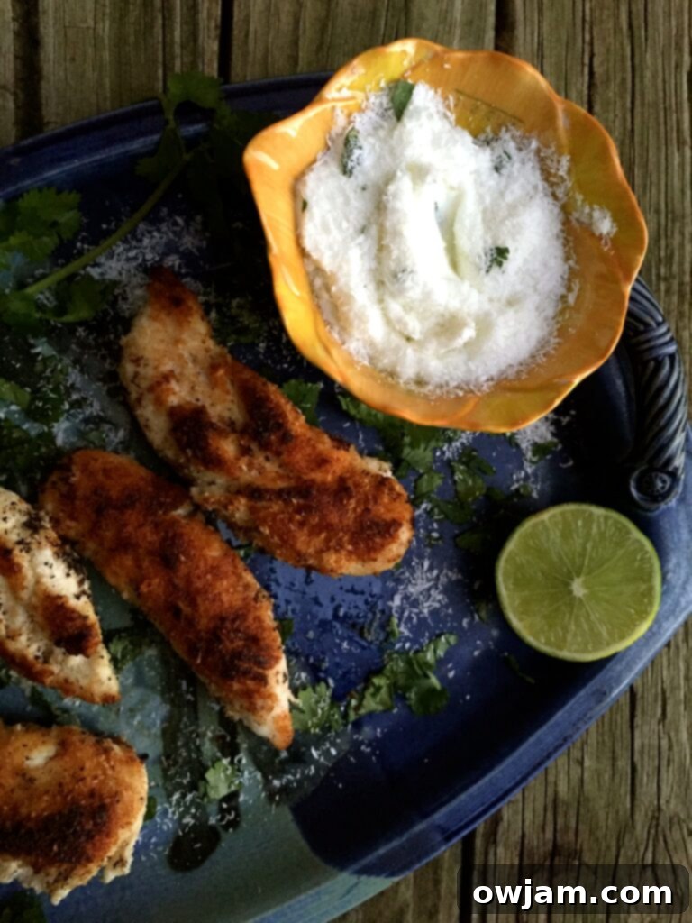 Coconut Crusted Chicken Tenders with Mayo-Free Cilantro Lime Dip